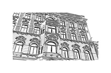 Print Building view with landmark of Lodz is the city of Poland. Vektörde elle çizilmiş çizim çizimi.