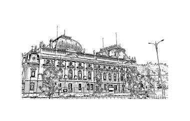 Print Building view with landmark of Lodz is the city of Poland. Vektörde elle çizilmiş çizim çizimi.