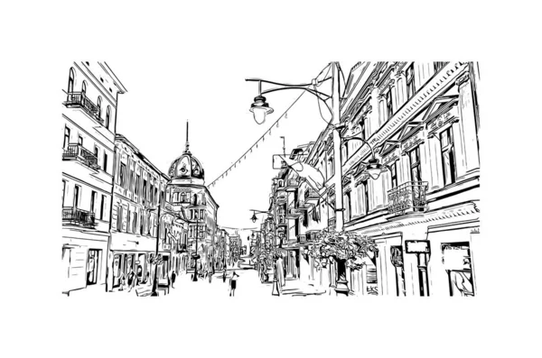 Print Building View Landmark Lodz City Poland Hand Drawn Sketch — 图库矢量图片