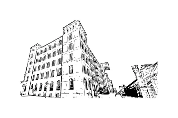 Print Building View Landmark Lodz City Poland Hand Drawn Sketch — Stock vektor