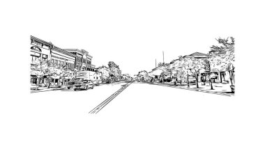 Yazdırma Binası, Logan 'ın simgesi olan Avustralya' daki bir şehirdir. Vektörde elle çizilmiş çizim çizimi.