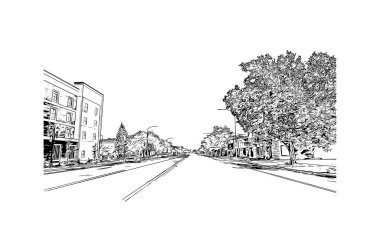 Yazdırma Binası, Logan 'ın simgesi olan Avustralya' daki bir şehirdir. Vektörde elle çizilmiş çizim çizimi.