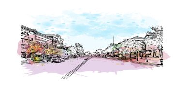 Yazdırma Binası, Logan 'ın simgesi olan Avustralya' daki bir şehirdir. Vektörde elle çizilmiş çizim çizimi.