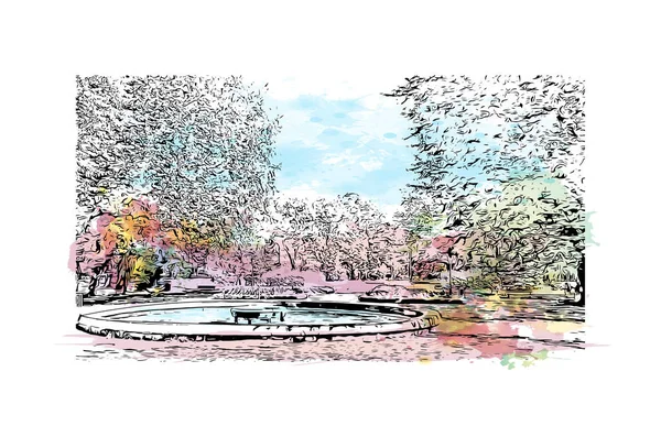 Print Building view with landmark of Lodz is the city of Poland. Vektörde elle çizilmiş resim ile suluboya sıçraması.