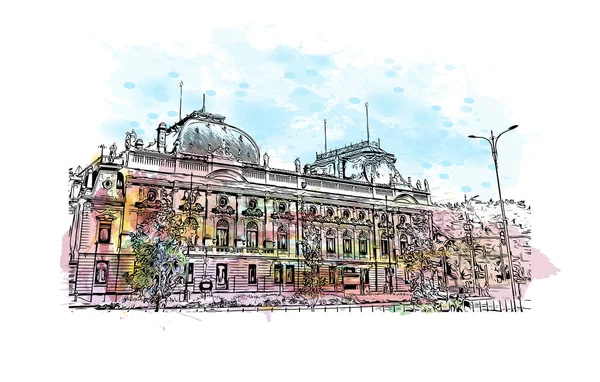Print Building view with landmark of Lodz is the city of Poland. Vektörde elle çizilmiş resim ile suluboya sıçraması.