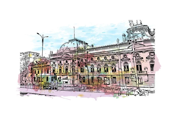 Print Building view with landmark of Lodz is the city of Poland. Vektörde elle çizilmiş resim ile suluboya sıçraması.