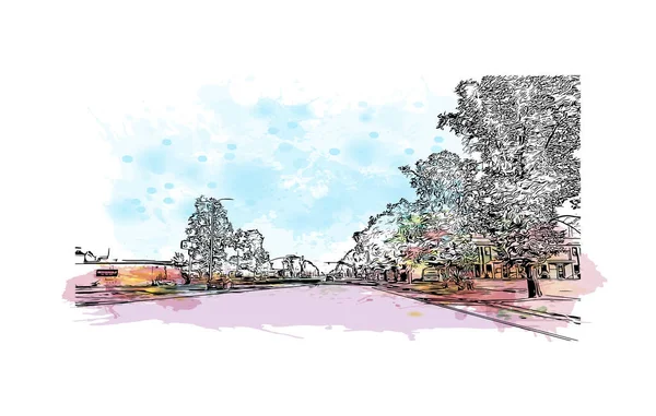 Yazdırma Binası, Logan 'ın simgesi olan Avustralya' daki bir şehirdir. Vektörde elle çizilmiş çizim çizimi.