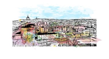 Print Building view with landmark of Logrono is the city in Spain. Vektörde elle çizilmiş resim ile suluboya sıçraması.