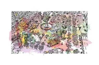 Print Building view with landmark of Logrono is the city in Spain. Vektörde elle çizilmiş resim ile suluboya sıçraması.