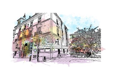 Print Building view with landmark of Logrono is the city in Spain. Vektörde elle çizilmiş resim ile suluboya sıçraması.