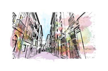 Print Building view with landmark of Logrono is the city in Spain. Vektörde elle çizilmiş resim ile suluboya sıçraması.