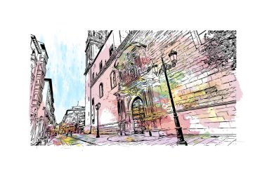 Print Building view with landmark of Logrono is the city in Spain. Vektörde elle çizilmiş resim ile suluboya sıçraması.