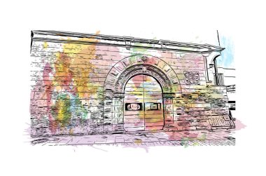 Print Building view with landmark of Logrono is the city in Spain. Vektörde elle çizilmiş resim ile suluboya sıçraması.