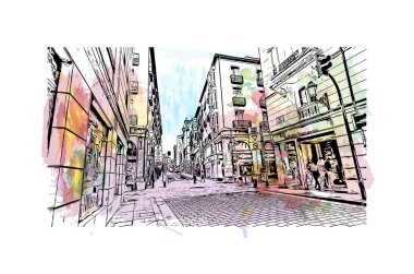 Print Building view with landmark of Logrono is the city in Spain. Vektörde elle çizilmiş resim ile suluboya sıçraması.