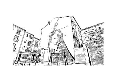 Print Building view with landmark of Logrono is the city in Spain. Vektörde elle çizilmiş çizim çizimi.