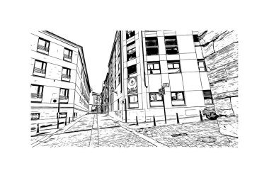 Print Building view with landmark of Logrono is the city in Spain. Vektörde elle çizilmiş çizim çizimi.