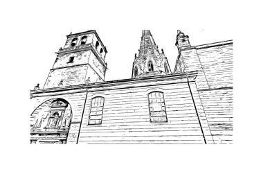 Print Building view with landmark of Logrono is the city in Spain. Vektörde elle çizilmiş çizim çizimi.