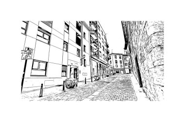 Print Building view with landmark of Logrono is the city in Spain. Vektörde elle çizilmiş çizim çizimi.