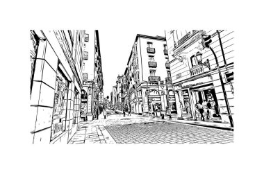 Print Building view with landmark of Logrono is the city in Spain. Vektörde elle çizilmiş çizim çizimi.