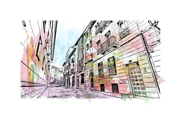 랜드마크가 스페인의 도시이다 벡터에 손으로 스케치 수채화 물보라 — 스톡 벡터