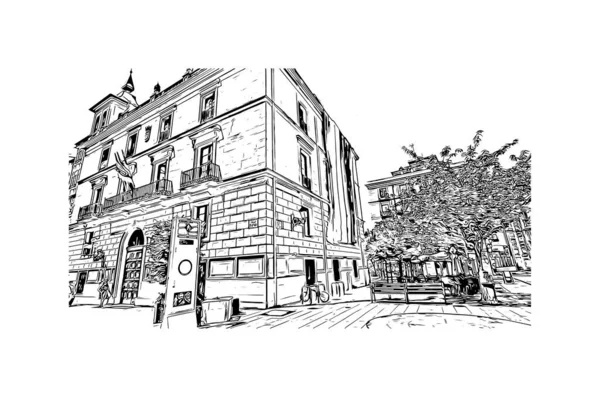 Print Building View Landmark Logrono City Spain Hand Drawn Sketch — Vetor de Stock