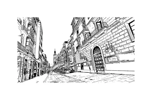 Print Building View Landmark Logrono City Spain Hand Drawn Sketch — Vettoriale Stock