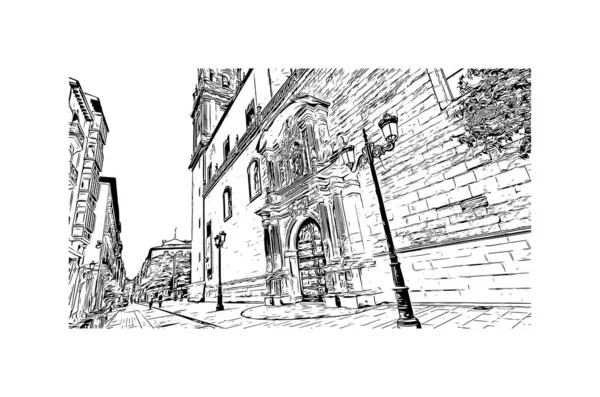 Print Building View Landmark Logrono City Spain Hand Drawn Sketch — Vetor de Stock