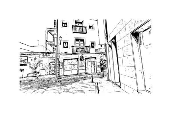 印刷ログローノのランドマークとビルの景色はスペインの街です 手描きのスケッチ図ベクトル — ストックベクタ