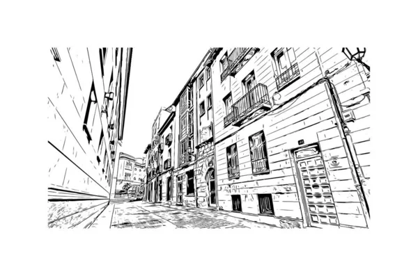 Print Building View Landmark Logrono City Spain Hand Drawn Sketch — Vettoriale Stock