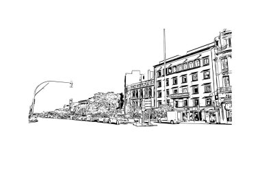 Las Palmas 'ın simgesi olan Print Building View İspanya' nın başkentidir. Vektörde elle çizilmiş çizim çizimi.