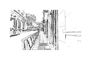 Las Palmas 'ın simgesi olan Print Building View İspanya' nın başkentidir. Vektörde elle çizilmiş çizim çizimi.