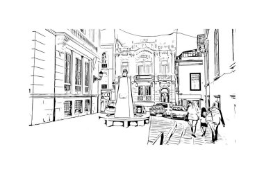 Las Palmas 'ın simgesi olan Print Building View İspanya' nın başkentidir. Vektörde elle çizilmiş çizim çizimi.