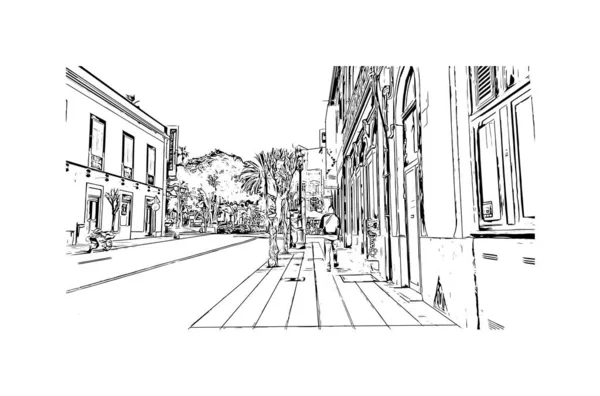 Las Palmas 'ın simgesi olan Print Building View İspanya' nın başkentidir. Vektörde elle çizilmiş çizim çizimi.