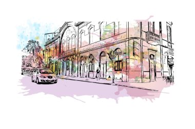 Las Palmas 'ın simgesi olan Print Building View İspanya' nın başkentidir. Vektörde elle çizilmiş resim ile suluboya sıçraması.