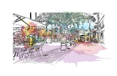 Las Palmas 'ın simgesi olan Print Building View İspanya' nın başkentidir. Vektörde elle çizilmiş resim ile suluboya sıçraması.