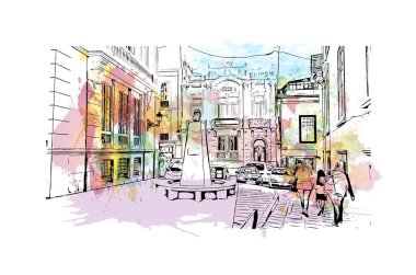 Las Palmas 'ın simgesi olan Print Building View İspanya' nın başkentidir. Vektörde elle çizilmiş resim ile suluboya sıçraması.