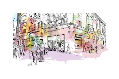 Las Palmas 'ın simgesi olan Print Building View İspanya' nın başkentidir. Vektörde elle çizilmiş resim ile suluboya sıçraması.