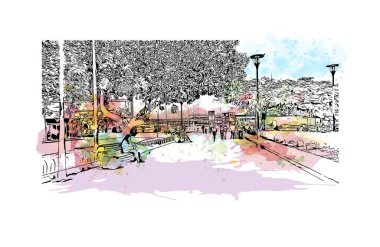 Las Palmas 'ın simgesi olan Print Building View İspanya' nın başkentidir. Vektörde elle çizilmiş resim ile suluboya sıçraması.