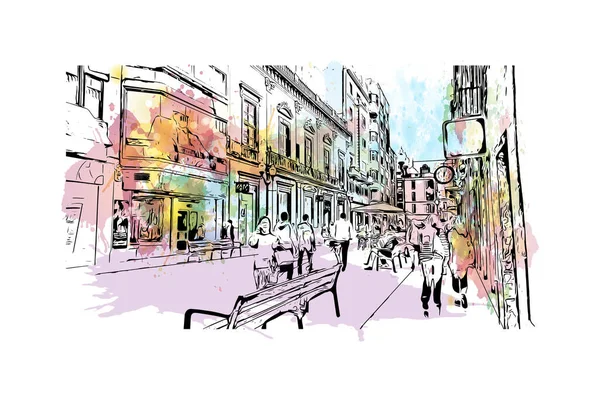 Las Palmas 'ın simgesi olan Print Building View İspanya' nın başkentidir. Vektörde elle çizilmiş resim ile suluboya sıçraması.