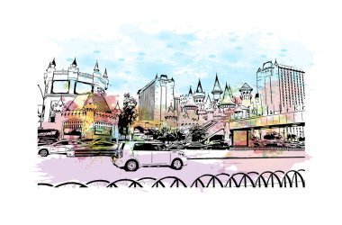 Las Vegas 'ın simgesi olan Print Building View Nevada' da bulunmaktadır. Vektörde elle çizilmiş resim ile suluboya sıçraması.