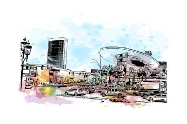 Las Vegas 'ın simgesi olan Print Building View Nevada' da bulunmaktadır. Vektörde elle çizilmiş resim ile suluboya sıçraması.