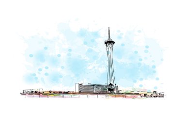 Las Vegas 'ın simgesi olan Print Building View Nevada' da bulunmaktadır. Vektörde elle çizilmiş resim ile suluboya sıçraması.