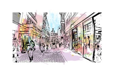 Yazdırma binası manzarası Lozan 'ın simgesi olan İsviçre' de bir şehirdir. Vektörde elle çizilmiş resim ile suluboya sıçraması.