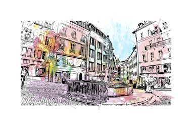 Yazdırma binası manzarası Lozan 'ın simgesi olan İsviçre' de bir şehirdir. Vektörde elle çizilmiş resim ile suluboya sıçraması.