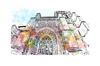 Yazdırma binası manzarası Lozan 'ın simgesi olan İsviçre' de bir şehirdir. Vektörde elle çizilmiş resim ile suluboya sıçraması.