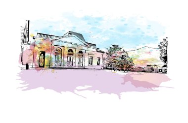 Yazdırma binası manzarası Lozan 'ın simgesi olan İsviçre' de bir şehirdir. Vektörde elle çizilmiş resim ile suluboya sıçraması.