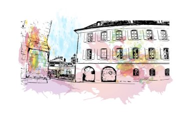 Yazdırma binası manzarası Lozan 'ın simgesi olan İsviçre' de bir şehirdir. Vektörde elle çizilmiş resim ile suluboya sıçraması.