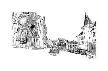 Yazdırma binası manzarası Lozan 'ın simgesi olan İsviçre' de bir şehirdir. Vektörde elle çizilmiş çizim çizimi.