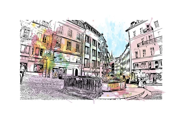 Imprimer Vue Sur Bâtiment Avec Monument Lausanne Est Ville Suisse — Image vectorielle