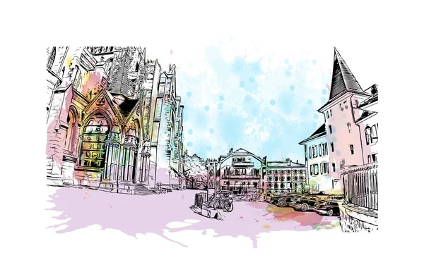 Print Building View Landmark Lausanne City Switzerland Watercolor Splash Hand — Stockvektor